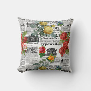 Coussin * AR23 Rose Floral Flower Newsprint Vintage
