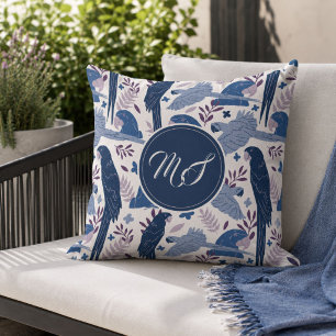 Coussin Ara Perroquet Bleu Motif Tropical Monogramme