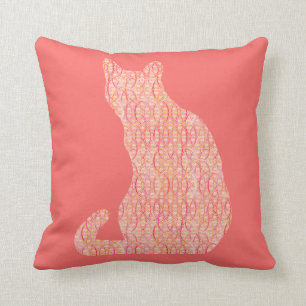 Coussin Arabesque Chat - nuances de corail orange