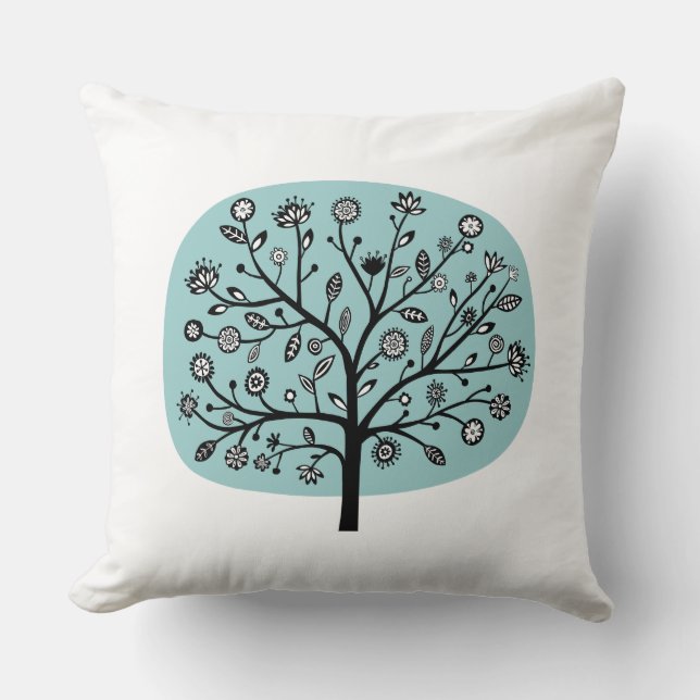Coussin Arbre à fleurs stylisé - bleu clair vert (Recto)