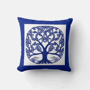 Coussin Arbre à noeuds celtique bleu sur blanc
