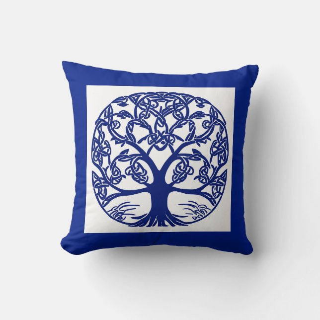 Coussin Arbre à noeuds celtique bleu sur blanc (Recto)