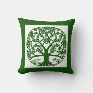 Coussin Arbre à noeuds celtique de la vie Vert sur blanc