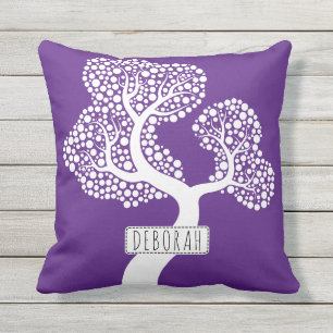 Coussin Arbre abstrait blanc et nom, violet royal