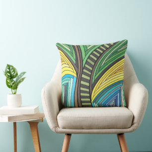 Coussin Arbre Abstrait et Dessin Géométrique Peints à la M