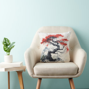 Coussin Arbre Abstrait Rouge Noir