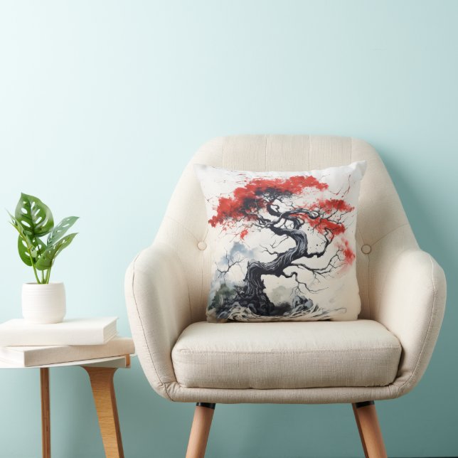Coussin Arbre Abstrait Rouge Noir (Chaise)