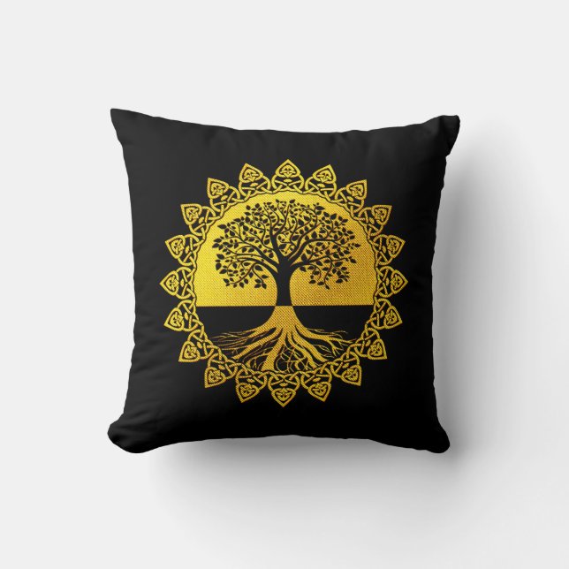 Coussin Arbre Celtique Jaune sur Noir (Recto)