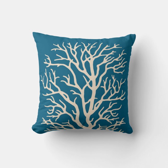 Coussin Arbre de corail en crème sur le bleu turquoise (Recto)