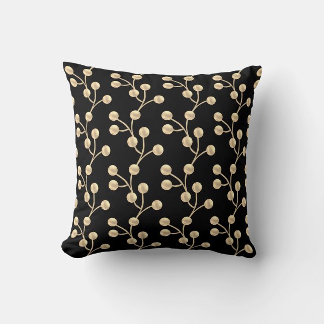 Coussin Arbre de jade doré abstrait élégant sur fond noir (Recto)