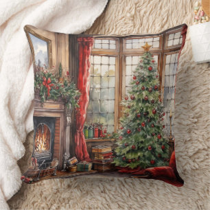 Coussin Arbre de la fenêtre du parrain de Noël Rouge