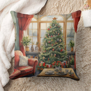 Coussin Arbre de la fenêtre du parrain de Noël Rouge