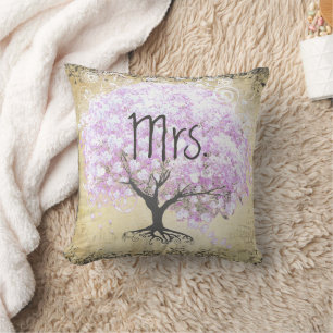 Coussin Arbre de lavande à feuille en cœur Mariage oiseau