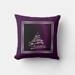 Coussin Arbre de Noël abstrait argent sur violet