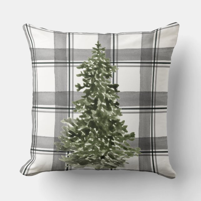 Coussin Arbre de Noël Aquarelle Gris Noir (Recto)