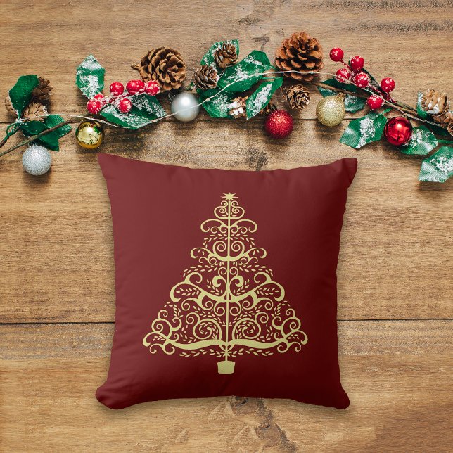 Coussin Arbre de Noël Art Nouveau Gold sur Maroon (Créateur téléchargé)
