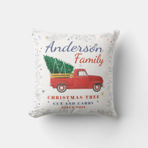 Coussin Arbre de Noël camion rouge de famille personnalisé