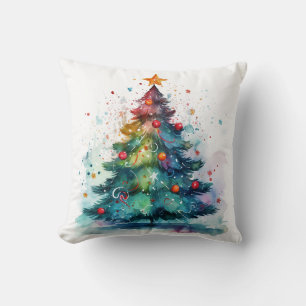 Coussin Arbre de Noël décoratif à l'aquarelle noir