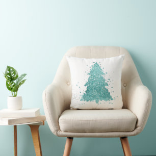 Coussin Arbre de Noël élégant   Luxe Aqua Mint Splatter