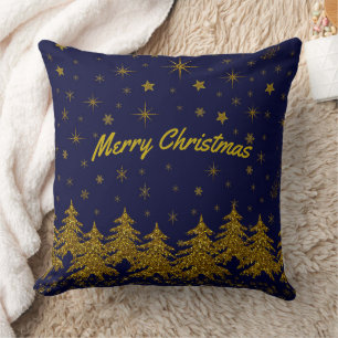 Coussin Arbre de Noël en or brillant, étoiles, neige sur l