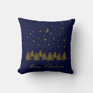 Coussin Arbre de Noël en or brillant, lune, étoiles sur bl