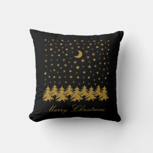 Coussin Arbre de Noël en or brillant, lune, étoiles sur no