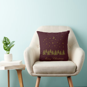 Coussin Arbre de Noël en or brillant, lune, étoiles sur ro
