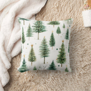 Coussin Arbre de Noël moderne à l'aquarelle vert pin