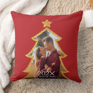 Coussin Arbre de Noël Rouge Brillant Photo Personnalisée