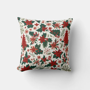 Coussin arbre de Noël rouge, fleurs, baies, feuilles verts