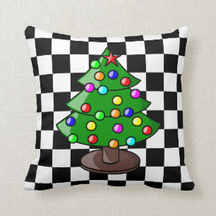 Coussin Arbre de Noël sur À damiers noir et blanc Backgr