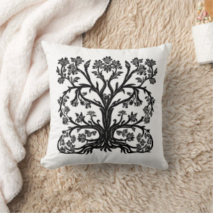 Coussin Arbre de vie floral en noir sur blanc