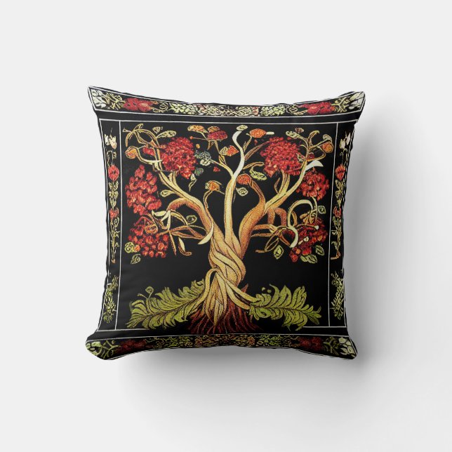 Coussin Arbre de vie par kedoki Broderie rouge verte noire (Recto)