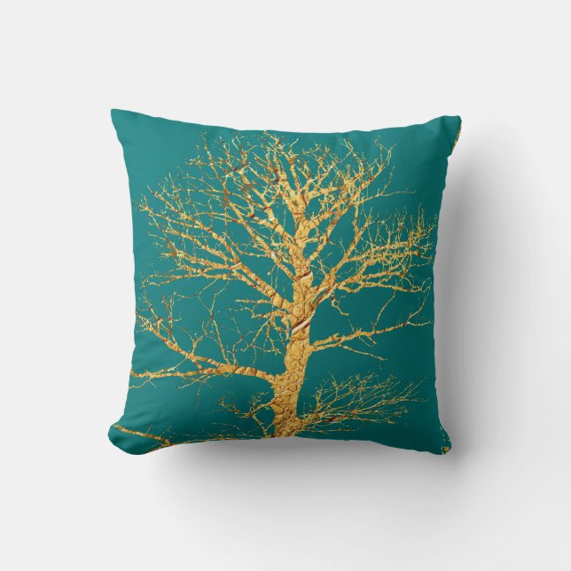 Coussin Arbre d'or sur Teal (Recto)