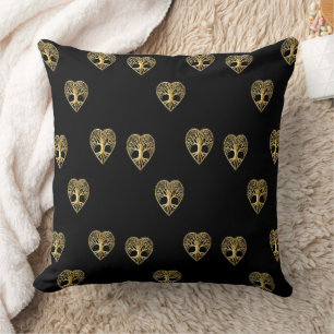 Coussin Arbre doré coeur de vie motif noir