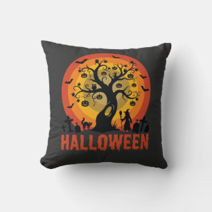 Coussin Arbre ensorcelé Halloween Sorcière et chats noirs