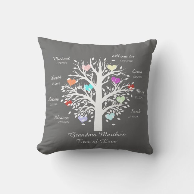 Coussin Arbre grand-mère (coeur) Blanc sur gris, 8 Noms/Da (Recto)