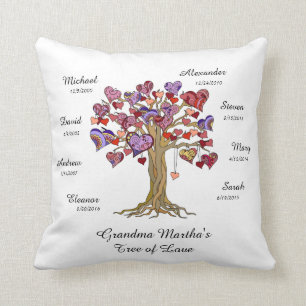 Coussin Arbre grand-mère (coeurs) en blanc avec 8 noms/da