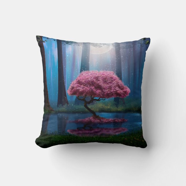 Coussin Arbre rose et étang dans les bois la nuit (Recto)