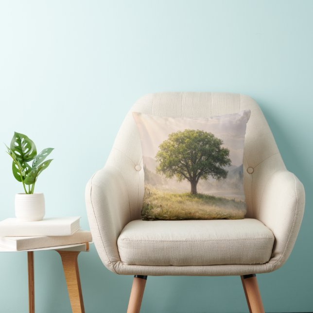Coussin Arbre vert solitaire avec rayons de soleil (Chaise)