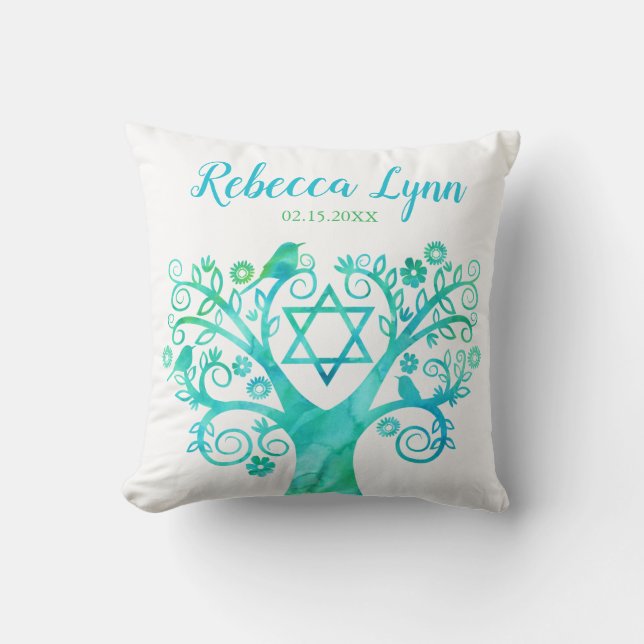 Coussin Arbre vert turquoise d'aquarelle de bat mitzvah de (Recto)
