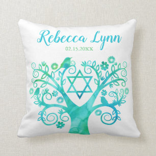 Coussin Arbre vert turquoise d'aquarelle de bat mitzvah de