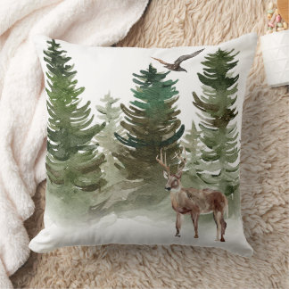 Coussin Arbres avec cerf et oiseau