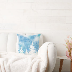 Coussin Arbres couverts de neige bleu Aquarelle Turquoise