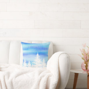 Coussin Arbres couverts de neige Bleu Violet Aquarelle Lav