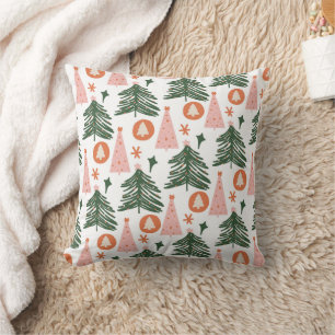 Coussin Arbres de Noël Bohème Vert Rose Orange Rustique 