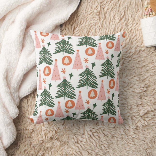 Coussin Arbres de Noël Bohème Vert Rose Orange Rustique  (Couverture)