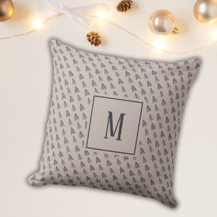 Coussin Arbres de Noël élégants gris Monogramme bleu