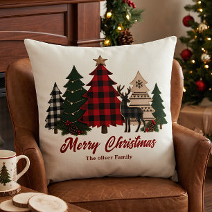 Coussin Arbres de Noël Famille Rustique Carreaux Renne