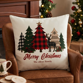 Coussin Arbres de Noël Famille Rustique Carreaux Renne